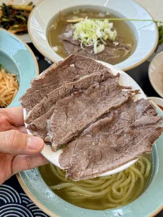 A plate of the boiled Hanwoo beef that goes into the gomtang